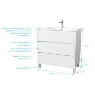 Pack Meuble Salle de Bains 80 cm Laqué Blanc, 3 tiroirs avec Vasque Céramique - XENOS
