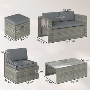 Salon de Jardin 6 personnes 6 pièces encastrable résine coussins déhoussables gris