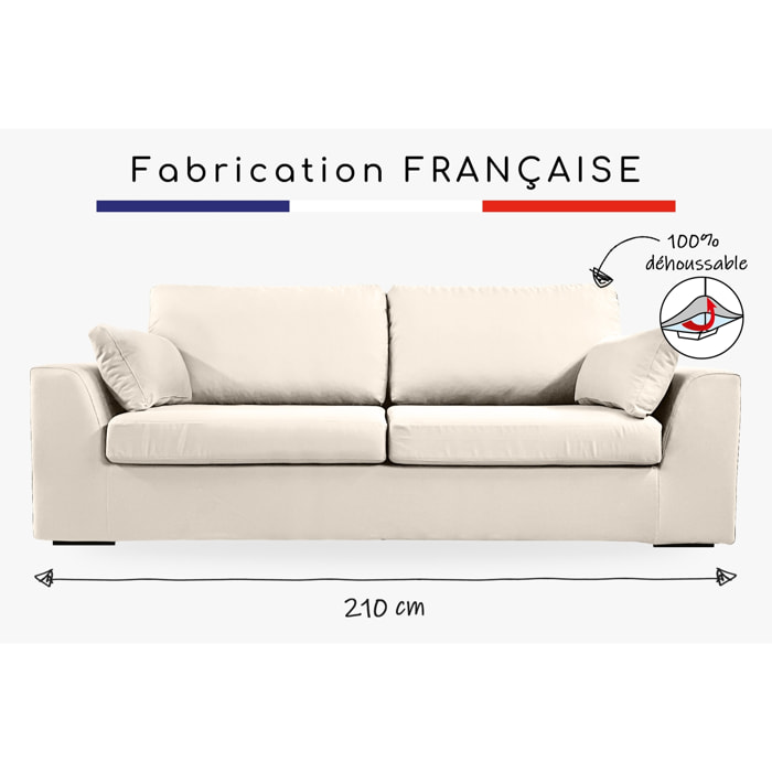 Canapé 4 pl TRESSIN 210 cm fixe tissu coton Écru - 100% déhoussable - Fab. France