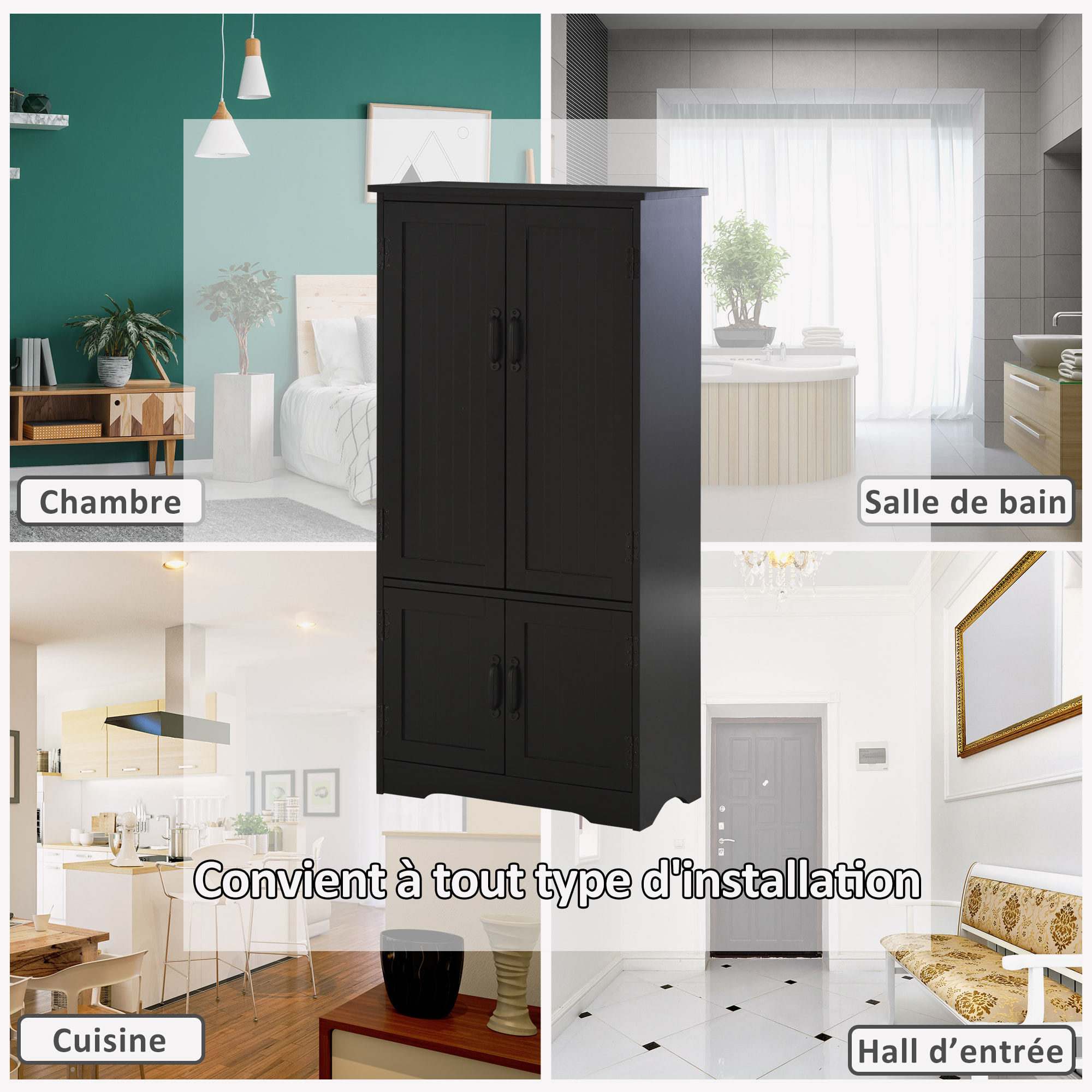 Armoire de cuisine contemporaine multi-rangements 2 placards 3 étagères MDF panneaux particules noir