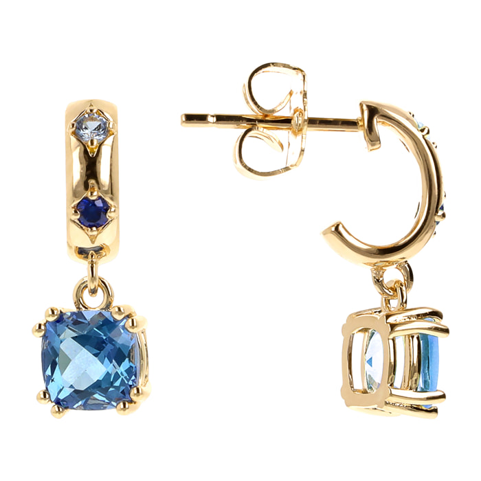 Orecchini Pendenti Étoile Golden con Prisma Gem Blu Taglio a Cuscino