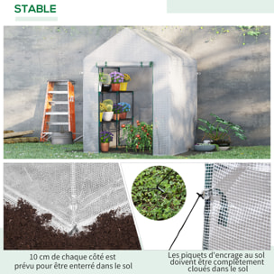 Serre de jardin 2 tablettes dim. 1,43L x 1,43l x 1,95H m porte déroulante acier PE haute densité 140 g/m² transparent blanc