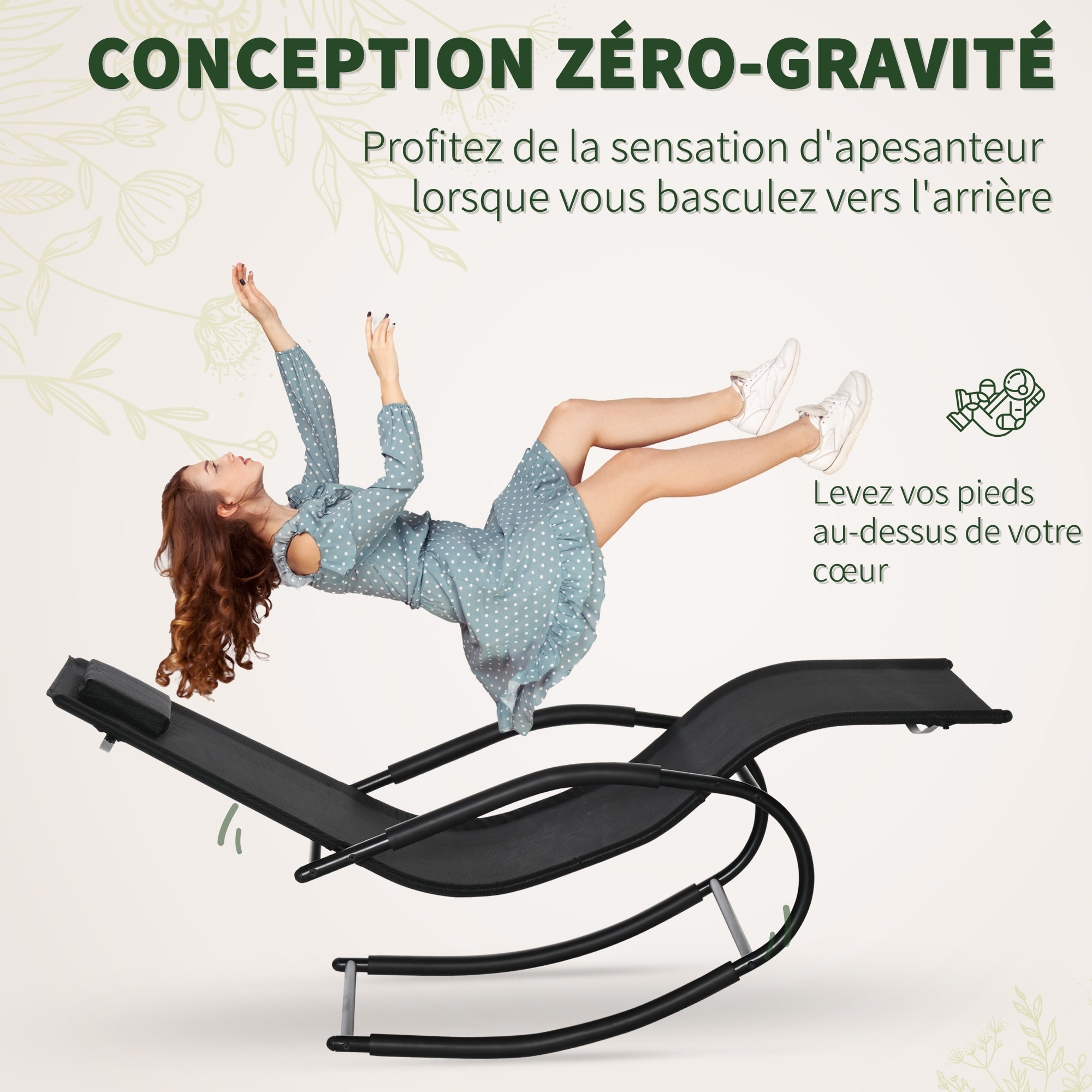 Chaise longue à bascule - rocking chair design - tétière, accoudoirs, assise dossier ergonomique - métal époxy textilène noir