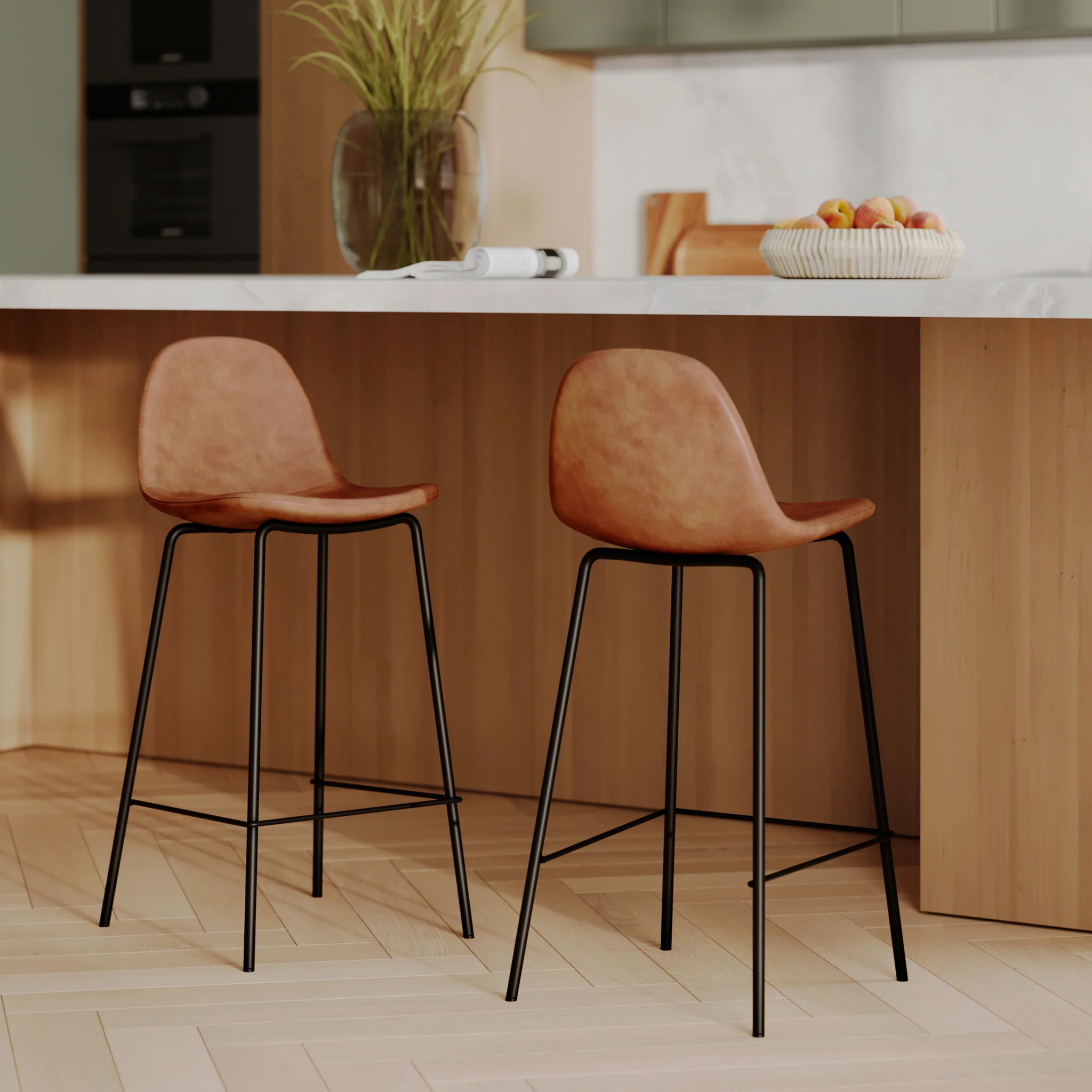 Lot de 2 chaises pour îlot central 65 cm en cuir synthétique camel - Henrik