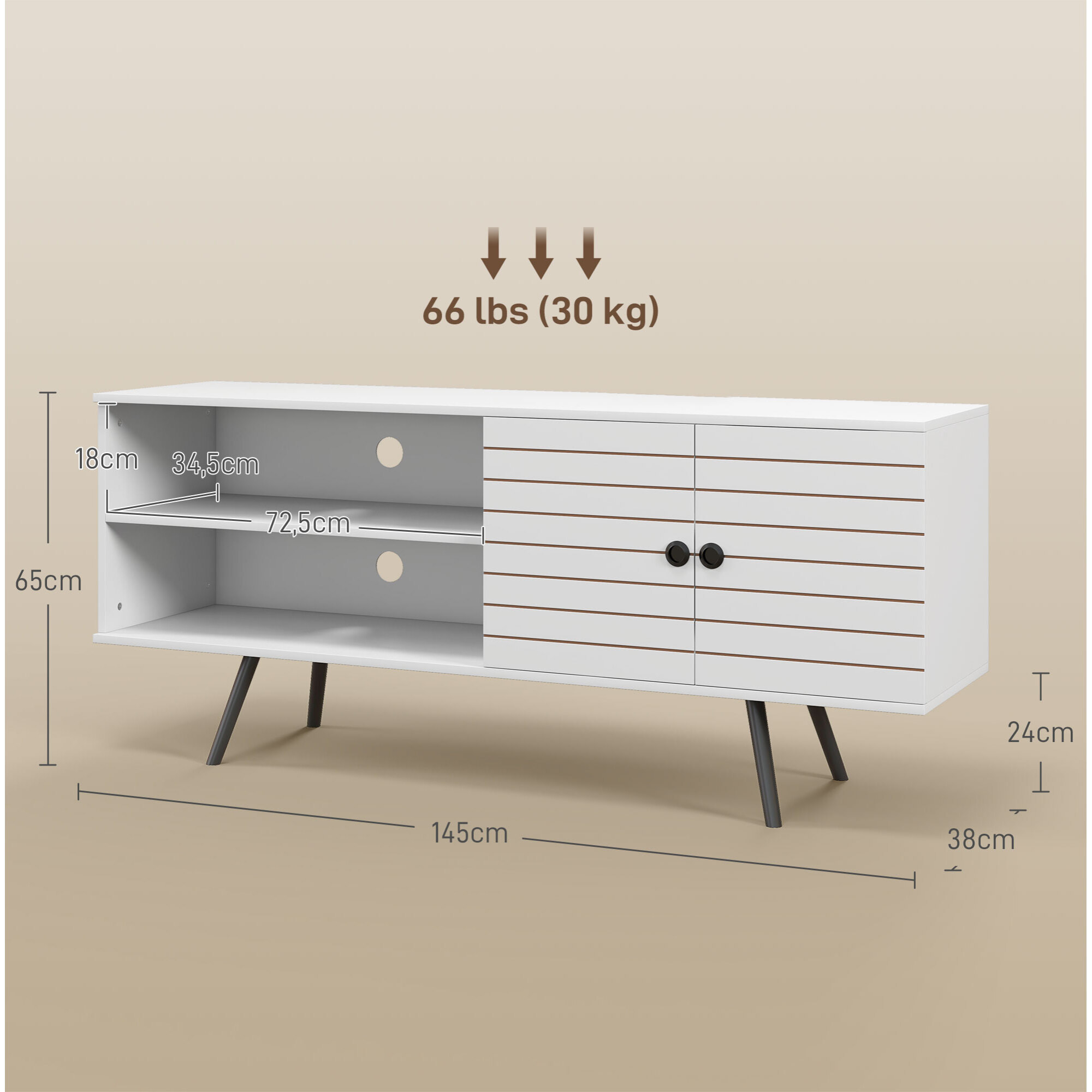 Mueble de TV para Salón Mesa para Televisores de 65 Pulgadas Mueble para TV Moderno con 2 Estantes Abiertos y 1 Estante Ajustable 145x38x65 cm Blanco