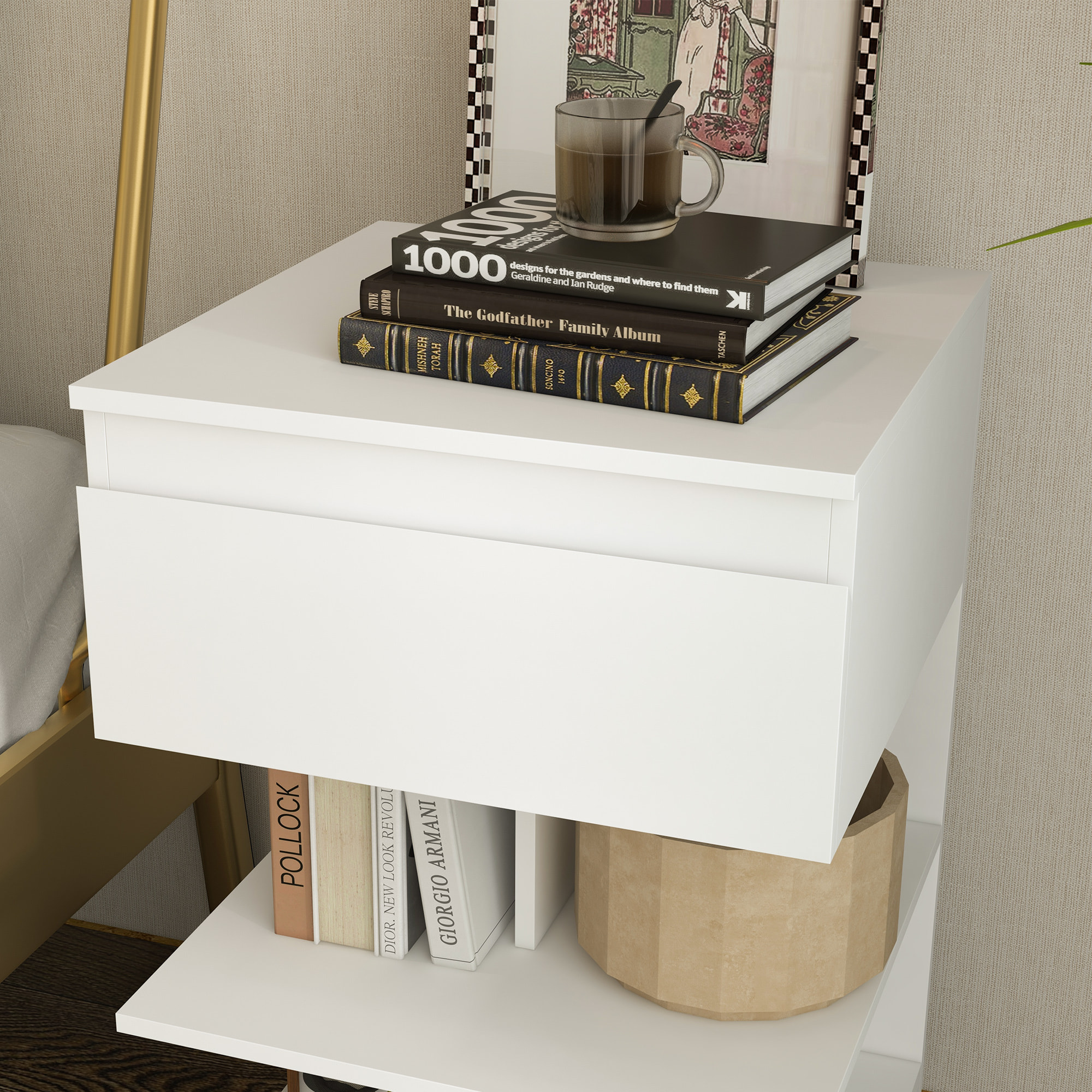 Mesita de Noche Mesa Auxiliar con Cajón y 2 Estantes Abiertas para Dormitorio Salón Cama Oficina Estilo Moderno 39x39x65 cm Blanco