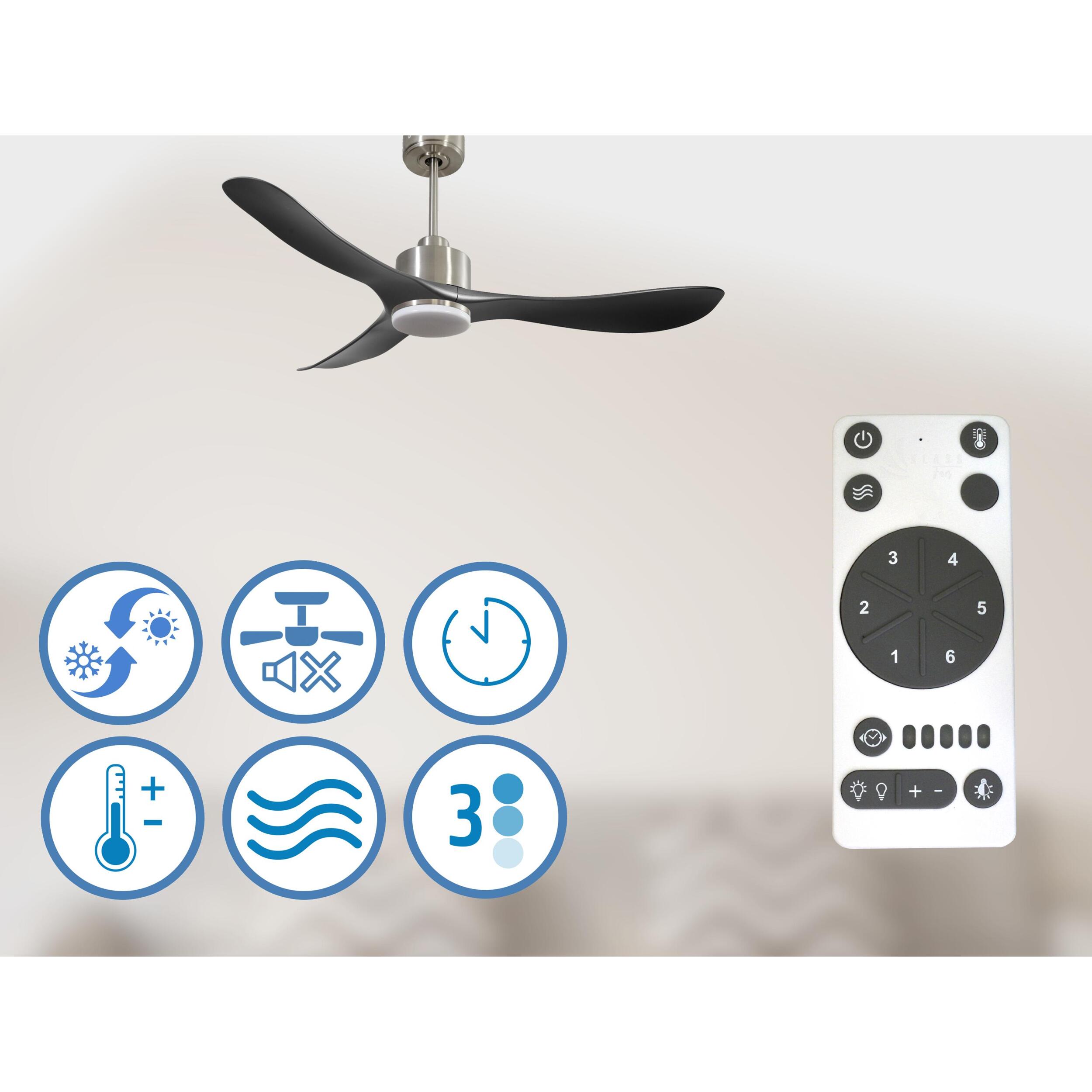 Ventilador de techo Reversible Termostato Dimable Wifi Motor DC Techos Inclinados Mando a Distancia Luz tres tonos Hypersilence Memoria TiomanD132C03LED65042 PURLINE