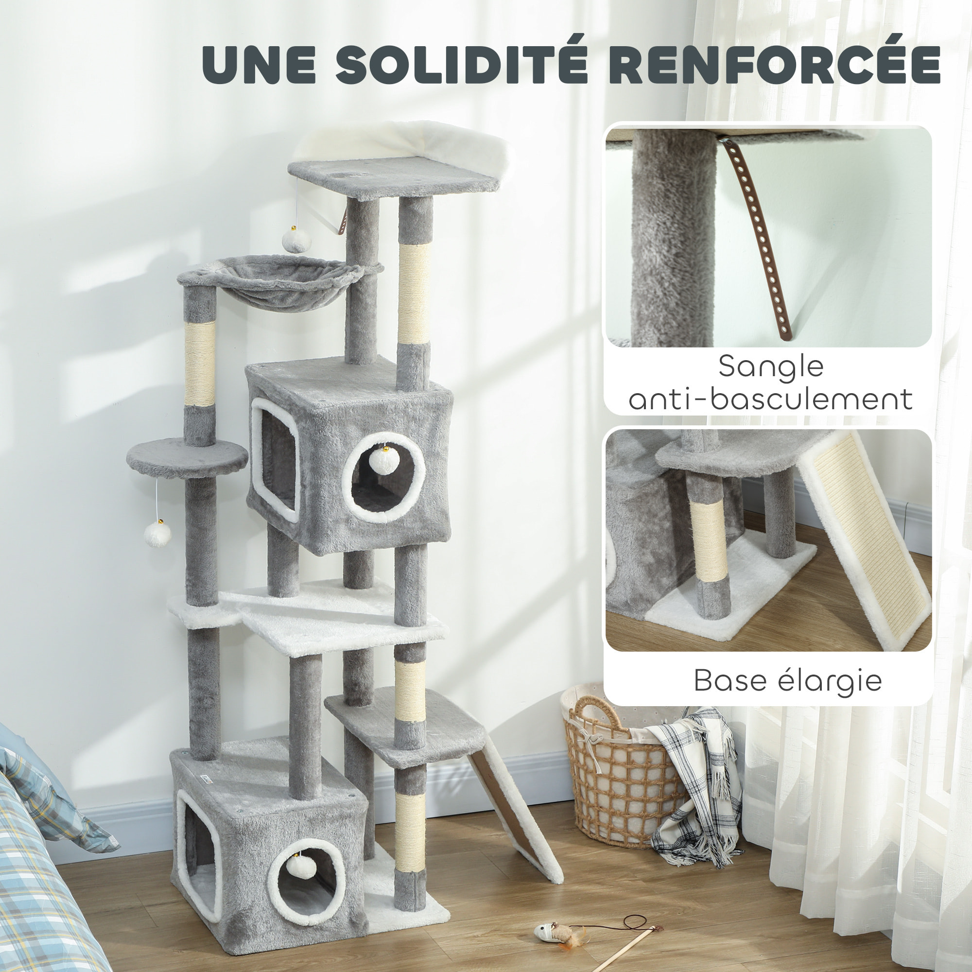 Arbre à chat design grande taille H.165cm équipements jeux multiples sisal naturel peluche gris blanc