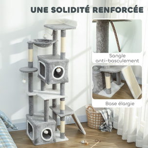 Arbre à chat design grande taille H.165cm équipements jeux multiples sisal naturel peluche gris blanc