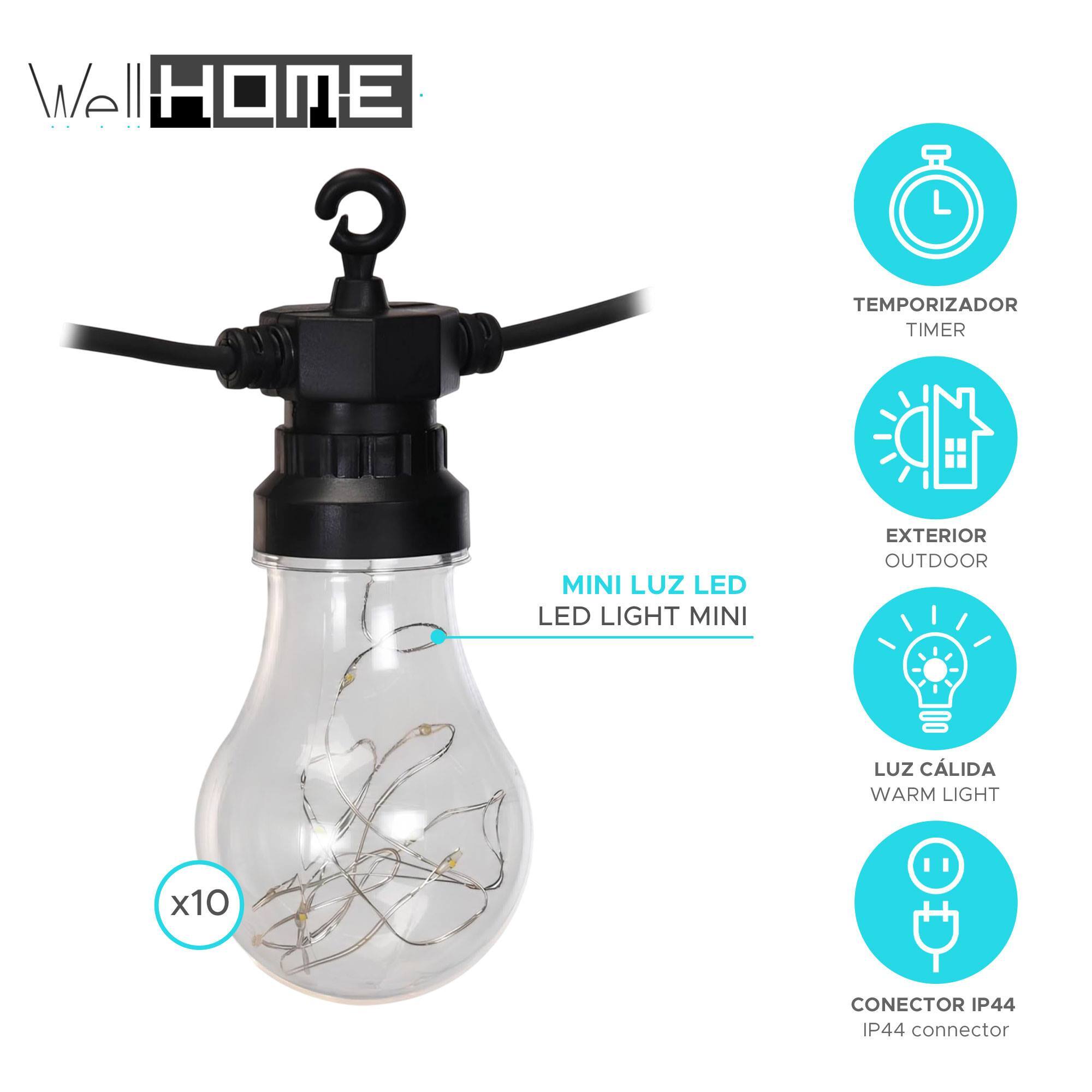 Guirnalda de luz 10 led en blanco cálido 450x6x15cm