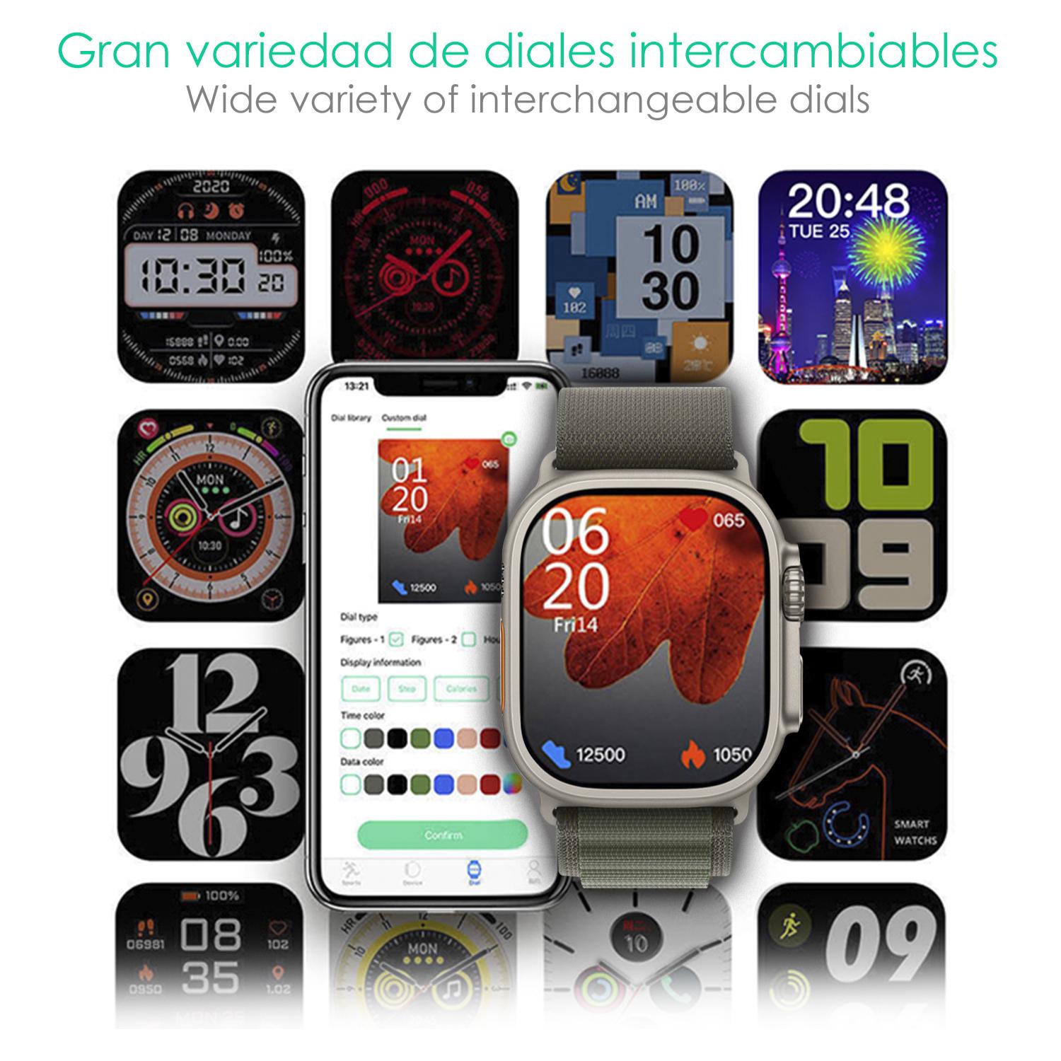 DAM Smartwatch C9 Ultra Max con 20 modos de deporte, llamadas Bluetooth. Monitores de frecuencia cardiaca, oxígeno en sangre, tensión. Doble correa. 4,9x1,2x4,4 Cm. Color: Oro