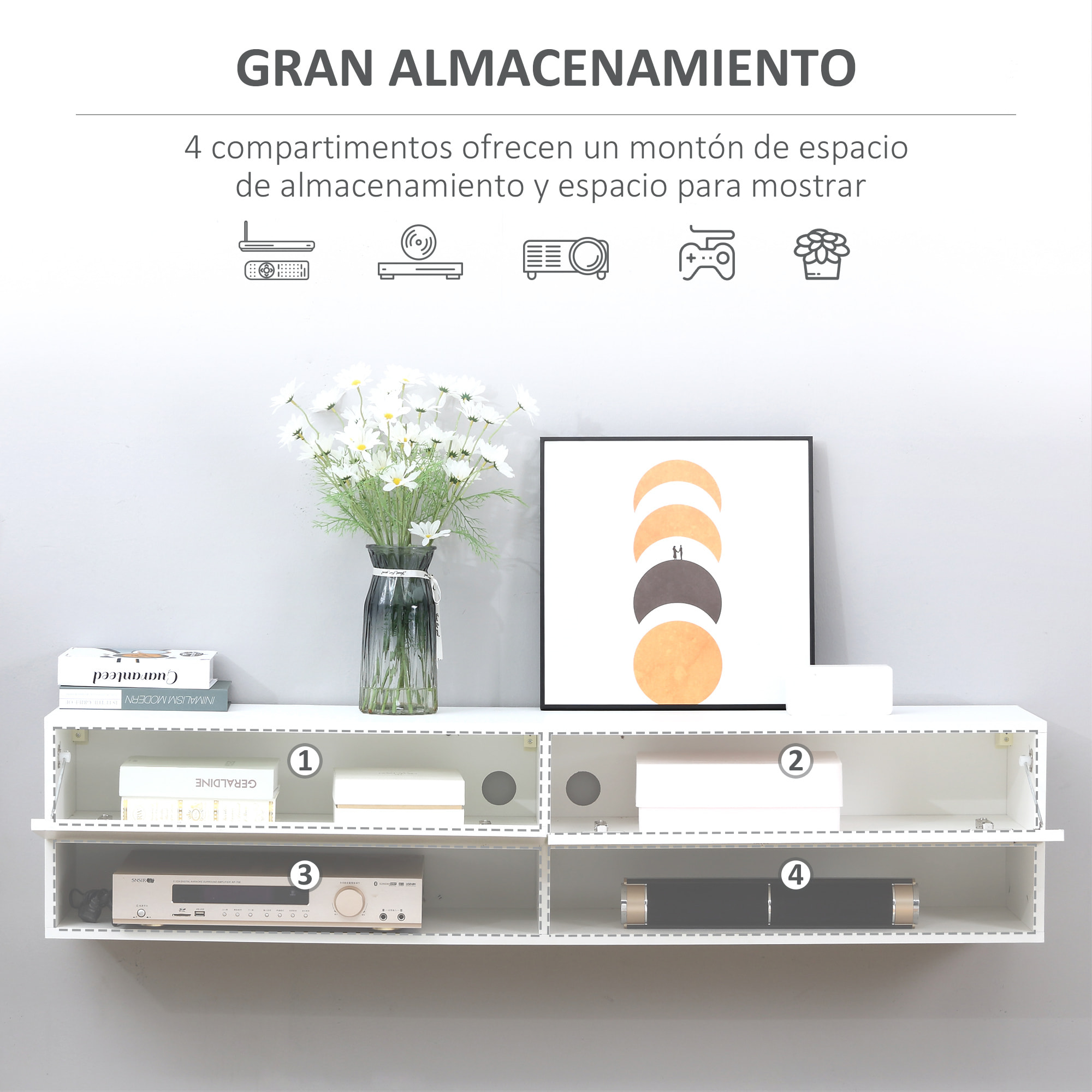 Mueble de TV de Pared Mueble de TV para Salón con 2 Compartimentos y 2 Armarios con Puertas Abatibles Mueble para Televisión de 60 Pulgadas 140x32x31 cm Blanco