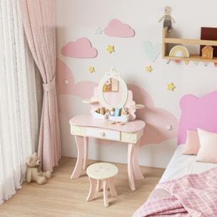 Coiffeuse enfant en bois avec tabouret et miroir - jeu d'imitation 7 accessoires inclus - rose blanc écru