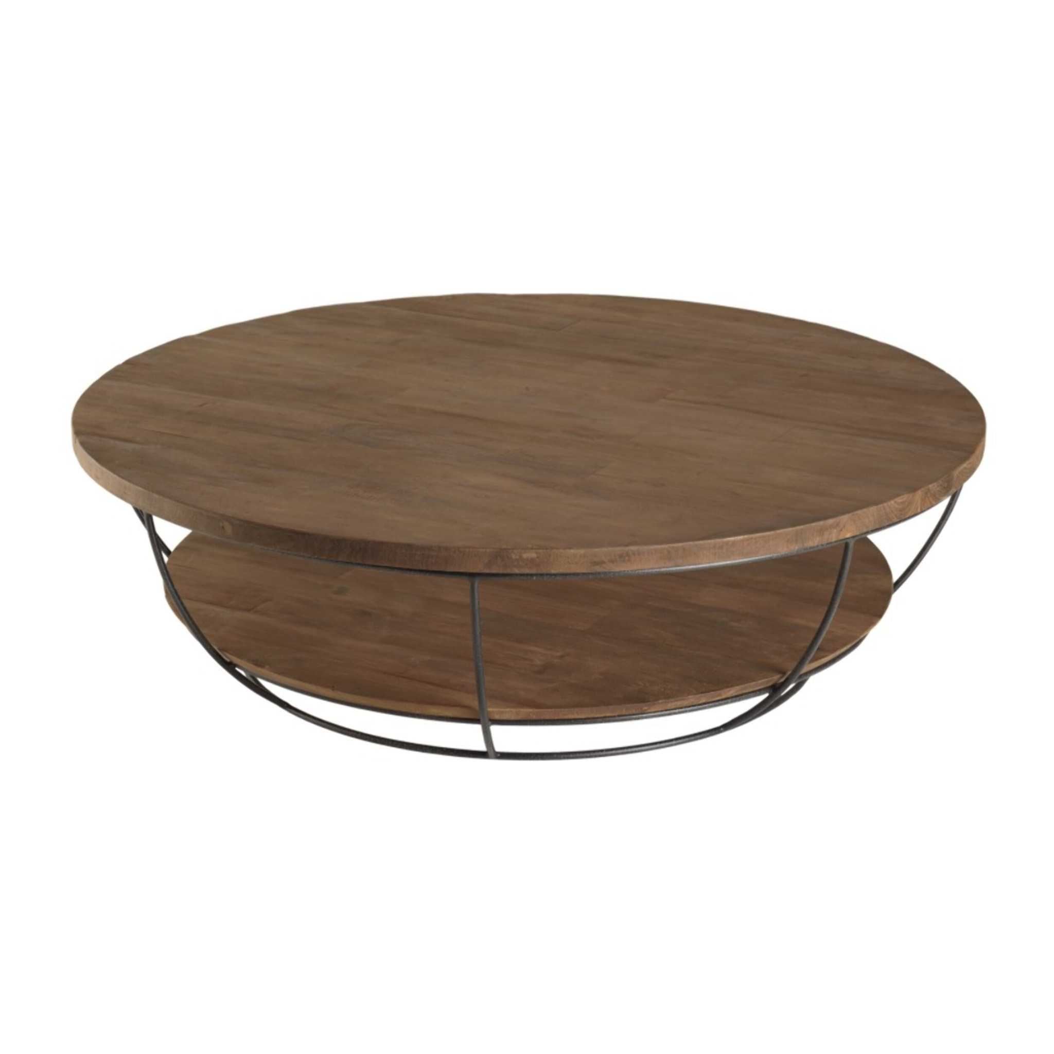 SIXTINE - Table basse coque ronde 120x120cm double plateau Teck recyclé métal noir
