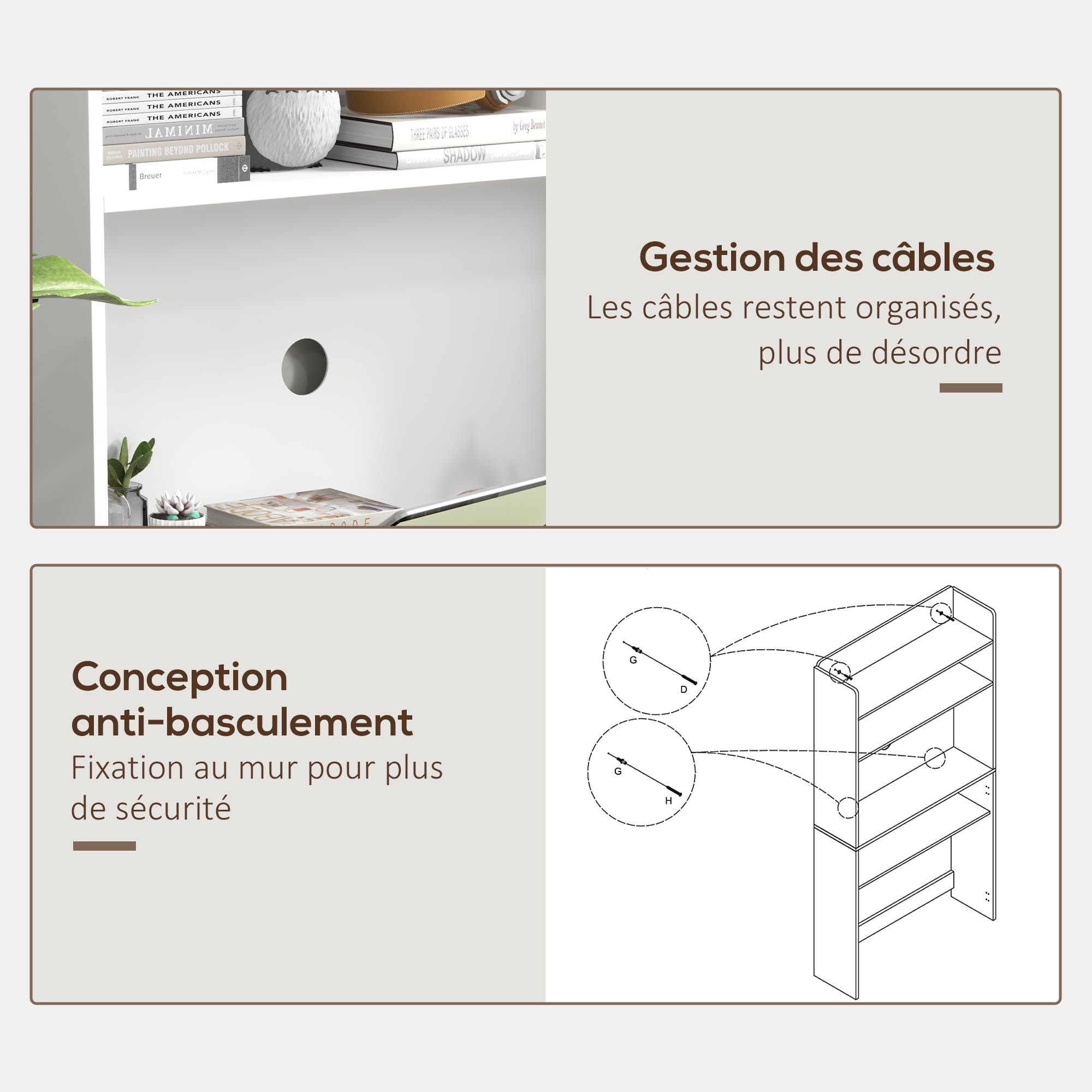 Bureau mural pliable table murale rabattable suspendue sur pied avec bibliothèque 3 étagères MDF blanc