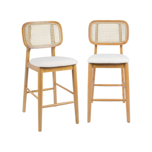 Tabouret de bar bois d'hévéa cannage et tissu 66,5cm (lot de 2) MANI