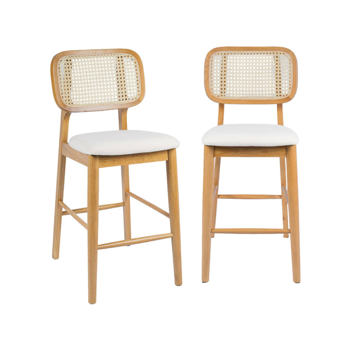 Tabouret de bar bois d'hévéa cannage et tissu 66,5cm (lot de 2) MANI