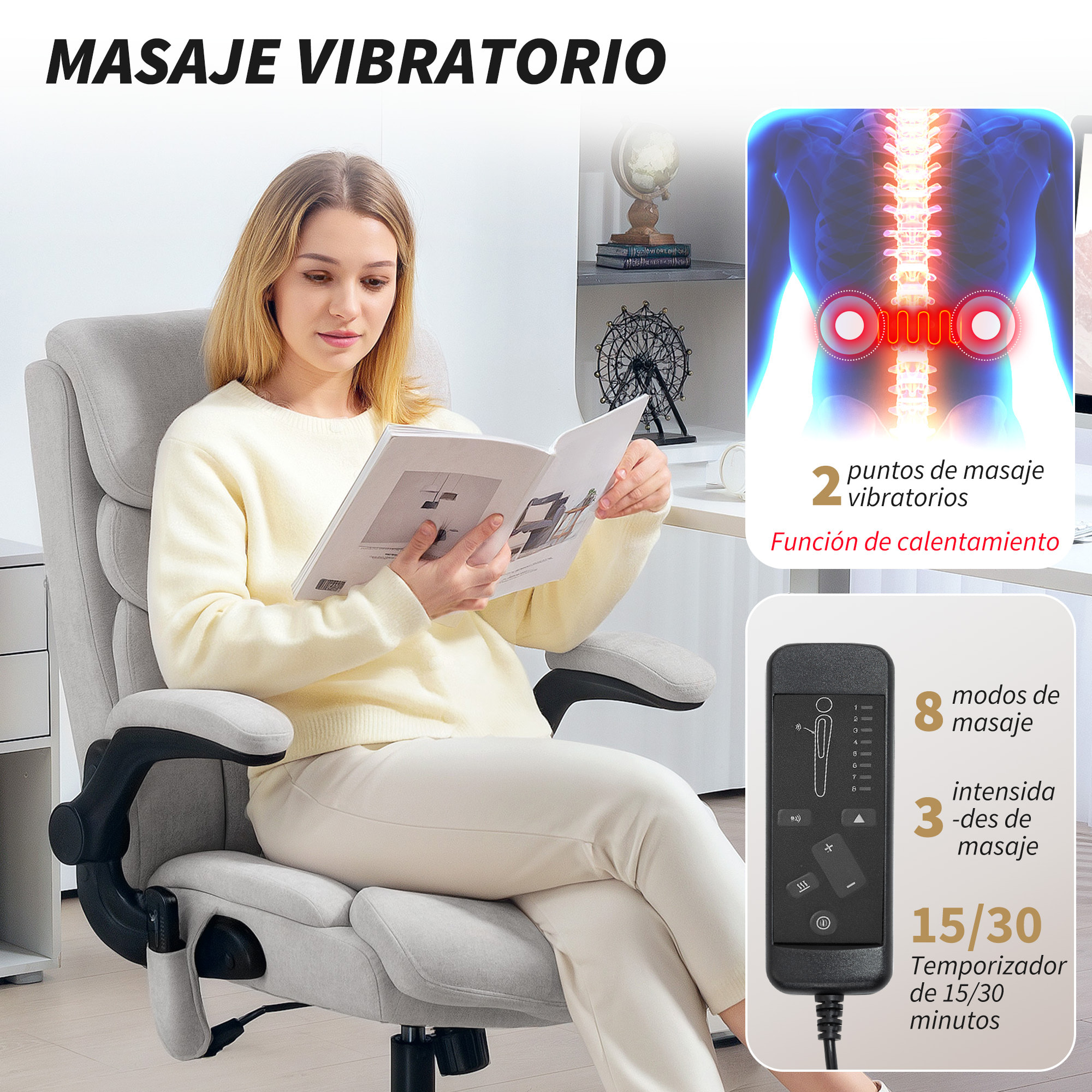 Silla de Oficina con Masaje y Función de Calefacción Silla de Escritorio Giratoria con Altura Ajustable Reposabrazos Abatibles Respaldo Alto y Mando a Distancia Gris