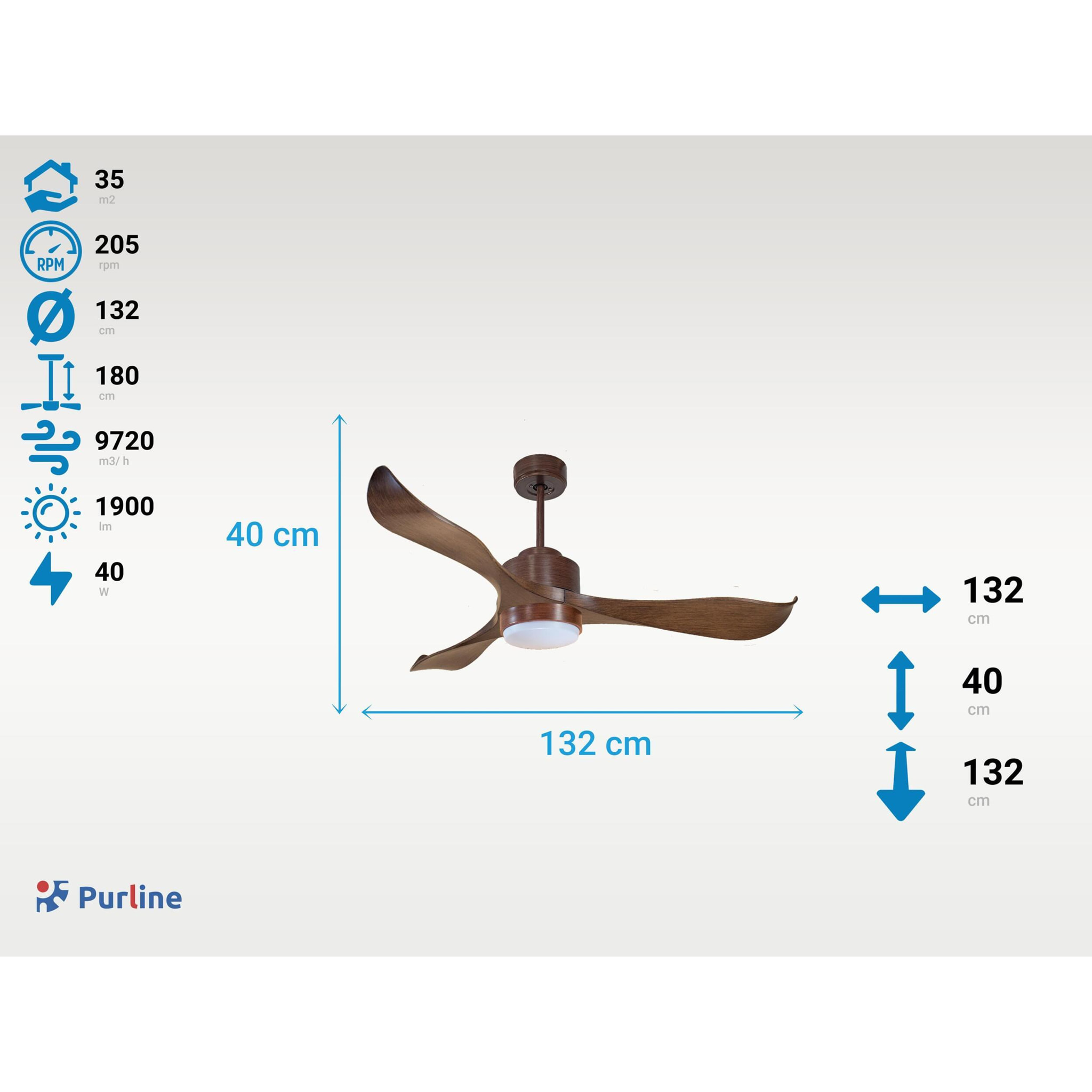 Ventilateur de Plafond ø132 cm avec Wifi Réversible Hypersilence pour 35 m² 40 W brun