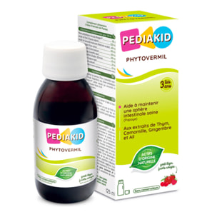 PEDIAKID - Phytovermil - Complément Alimentaire Naturel -Contribue au Maintien d'une Sphère Intestinale Saine - Bouchon Doseur Inclus - Arôme Fruits Rouges - Flacon de 125 ml