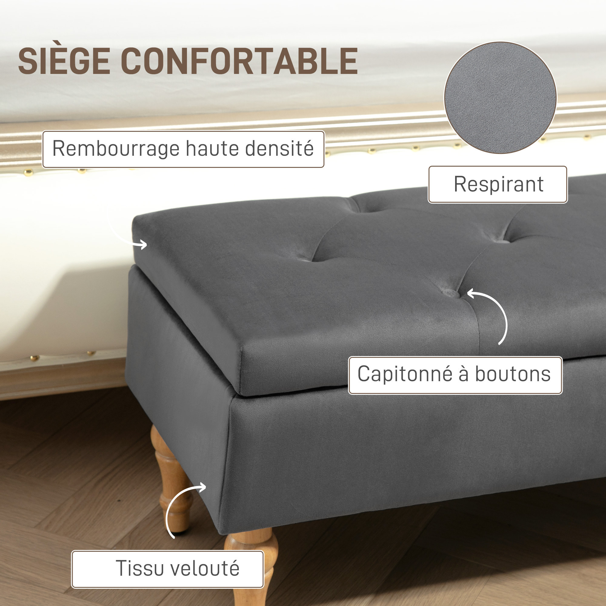 Banquette coffre style baroque - piètement bois assise effet capitonné velours gris