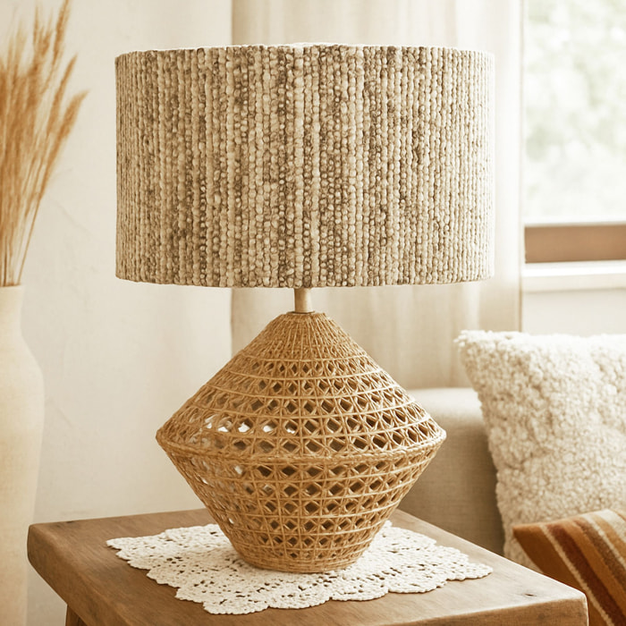 Lampe à poser en rotin et abat jour en tissu h32cm LINA