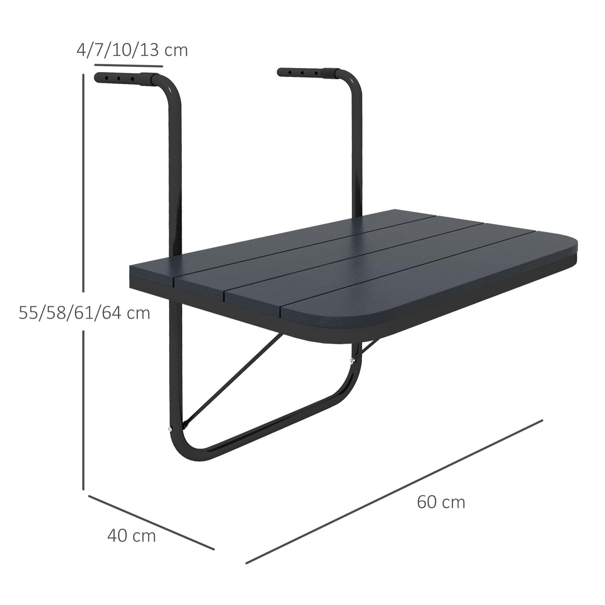 Table suspendue de balcon pliable dim. plateau 60L x 40l cm hauteur réglable 55-64H cm alu plastique noir