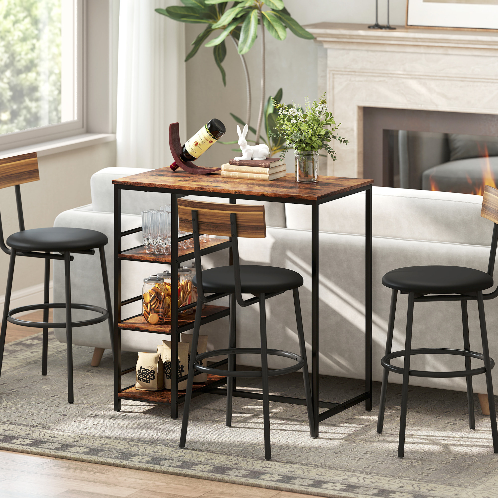 Table de bar mange-debout table haute 3 étagères style industriel dim. 90 x 50 x 90 cm acier noir effet bois vieilli