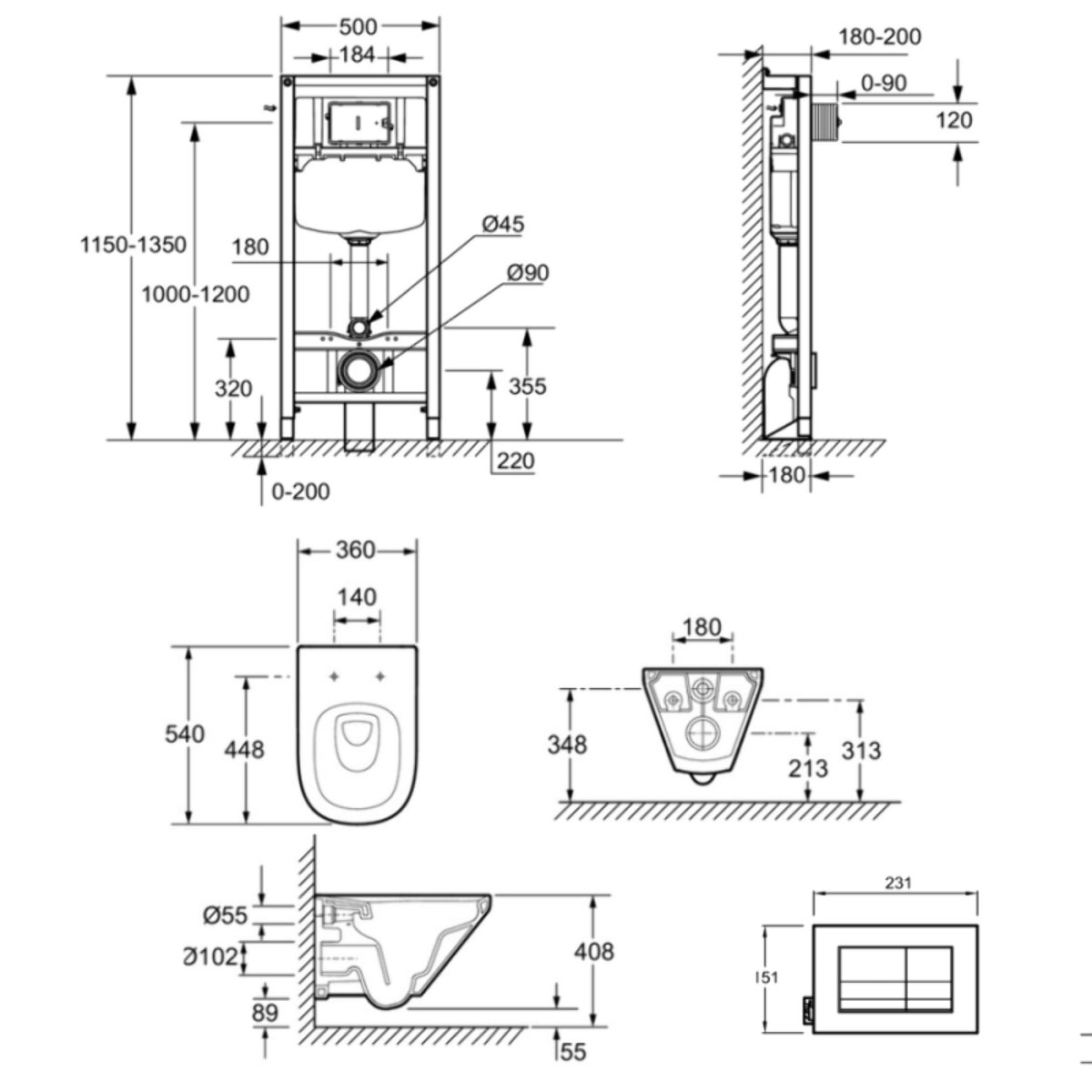 Pack cuvette WC suspendu sans bride Moderne Life avec abattant frein de chute déclipsable  + bâti support + plaque