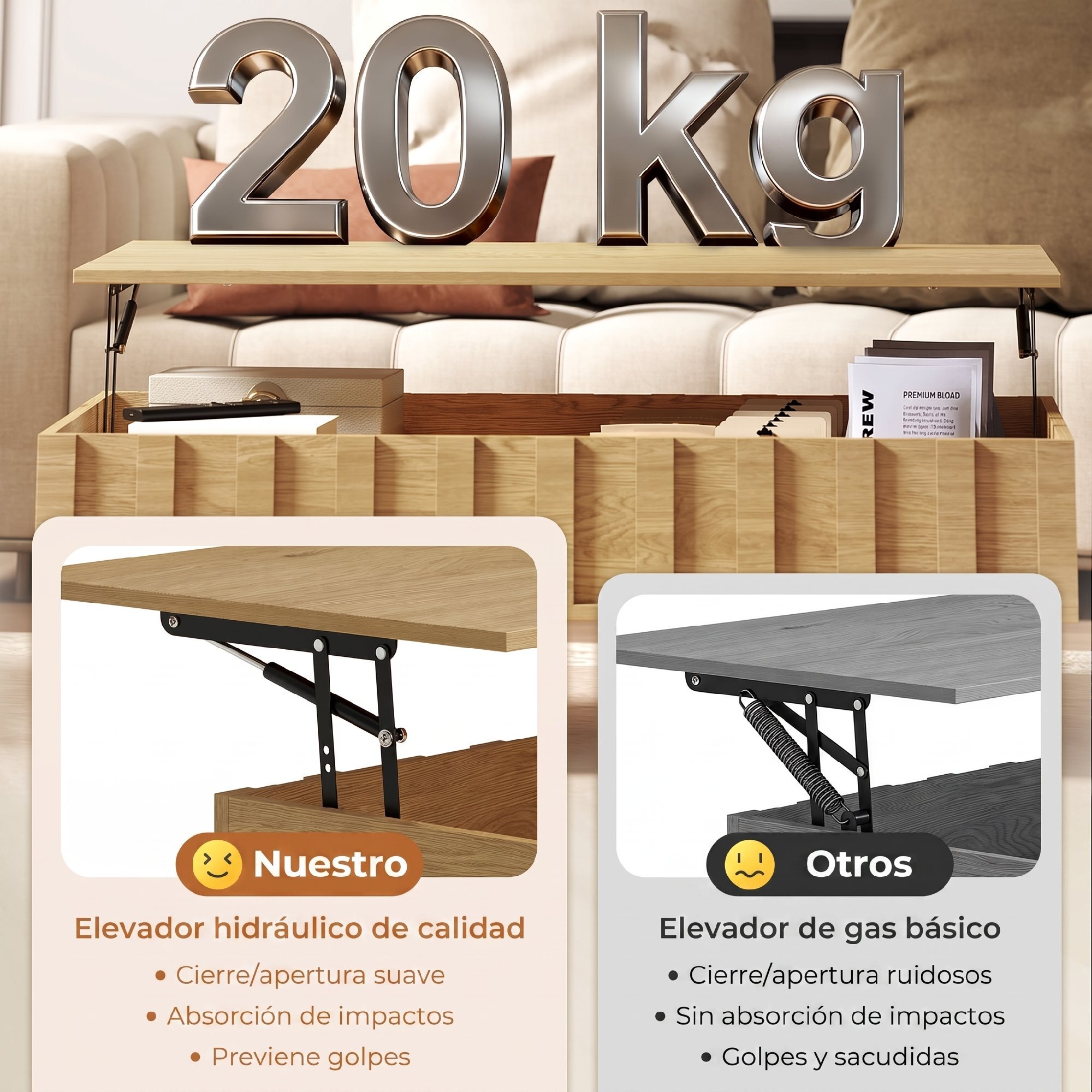 HOMCOM Mesa de Centro Elevable, Mesa de Café para Salón con 2 Compartimentos Ocultos, Patas de Metal para Sala de Estar, Comedor, 110x55x36,5 cm, Roble