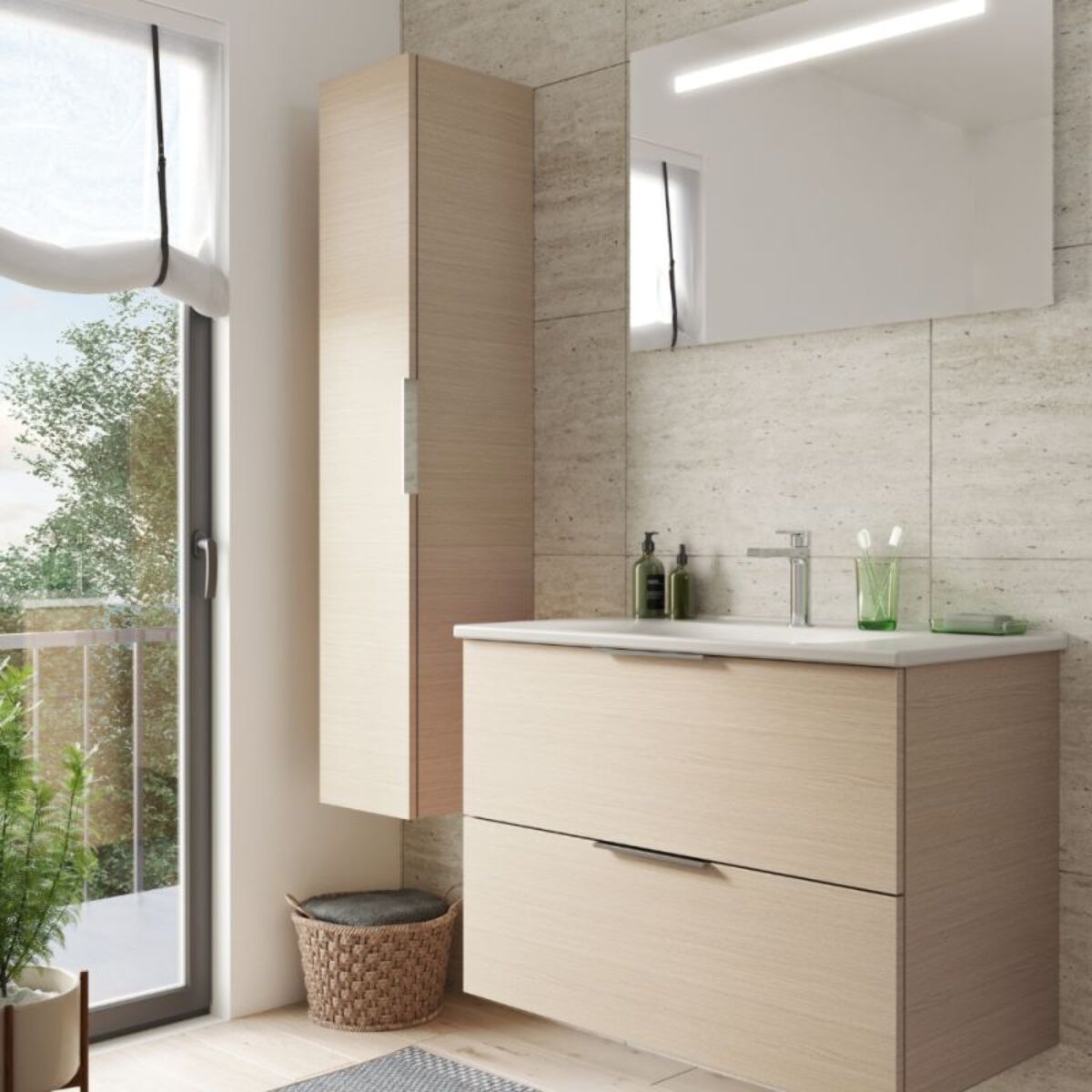 Meuble vasque 120 cm BURGBAD Olena chêne clair + miroir + colonne de salle de bain