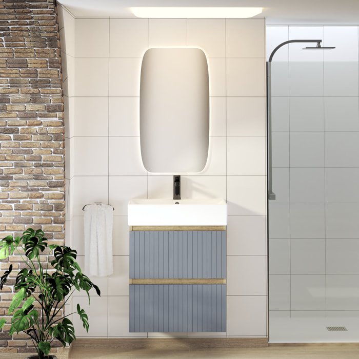 ENSEMBLE DE SALLE DE BAIN ZEL | MEUBLE SUSPENDU | 60 CM BLEU | DEUX TIROIRS | LAVABO ENCASTRÉ | MIROIR NON INCLUS | MEUBLE MONTÉ | ALDAY
