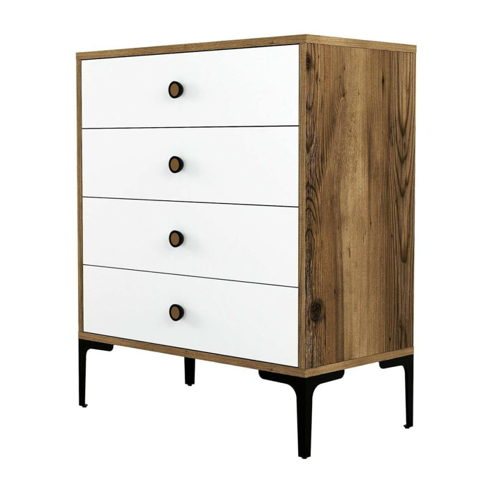 Cassettiera Molly, Settimino multiuso, Comò camera da letto, Mobile con cassetti, 76x40h91 cm, Noce e Bianco