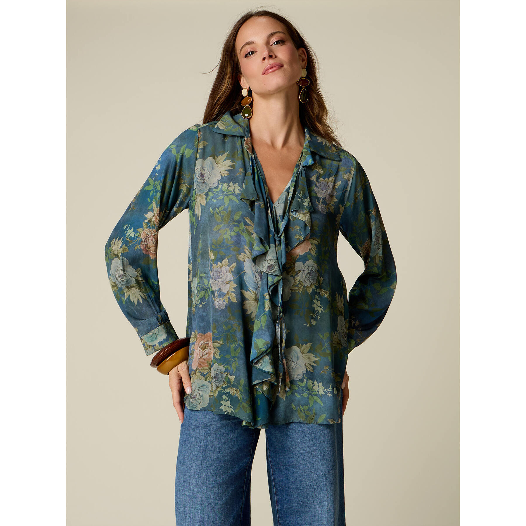 Oltre - Blusa fantasia con volant - Blu