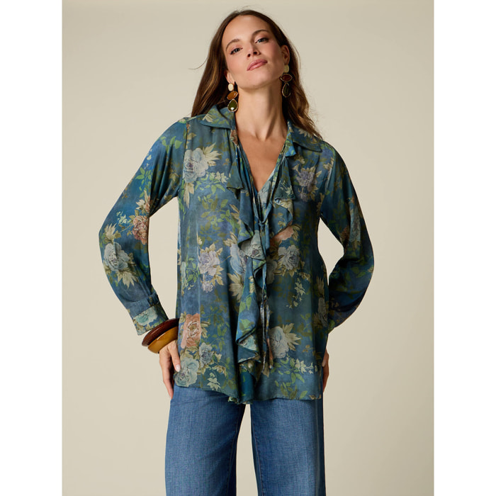 Oltre - Blusa fantasia con volant - Blu