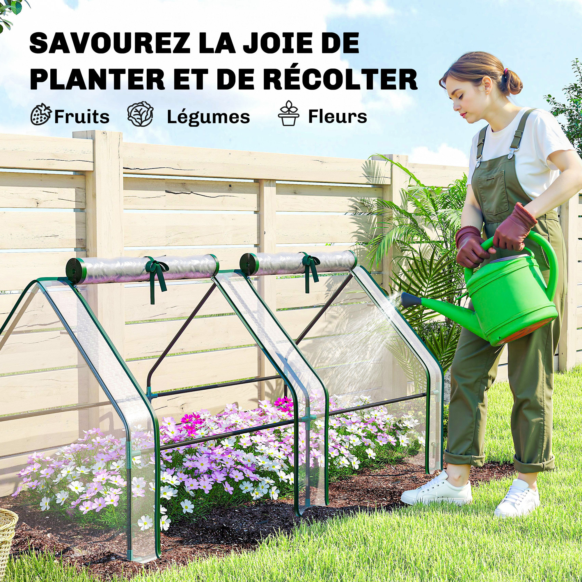 Mini serre de jardin serre à tomates 180L x 90l x 90H cm acier PE haute densité 140 g/m² anti-UV 2 fenêtres avec zip enroulables transparent