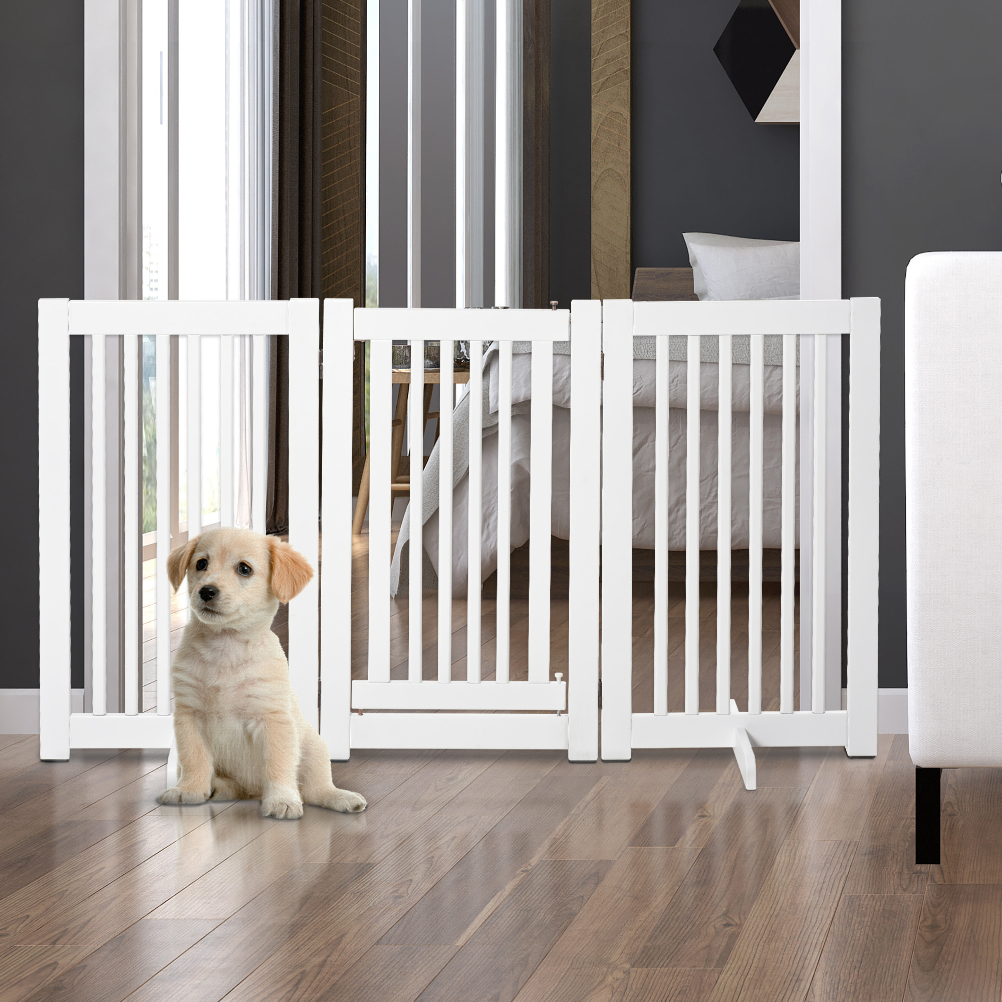 Barrera para Perros de Madera Valla para Mascotas Plegable de 3 Paneles con 1 Puerta y Patas de Apoyo para Pasillo Escalera 155x35,5x76 cm Blanco