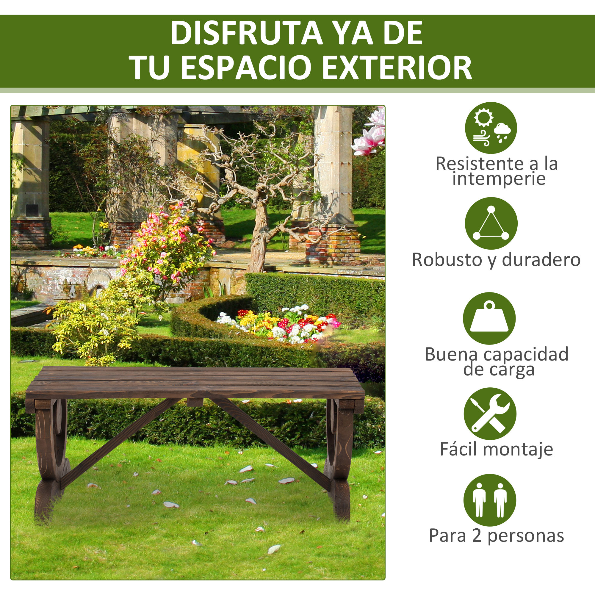 Banco de Jardín de 2 Plazas Banco de Madera con Ruedas Decorativas Estilo Rústico Carga 250 kg para Patio Terraza Balcón 98x50x39,5 cm Carbonizado