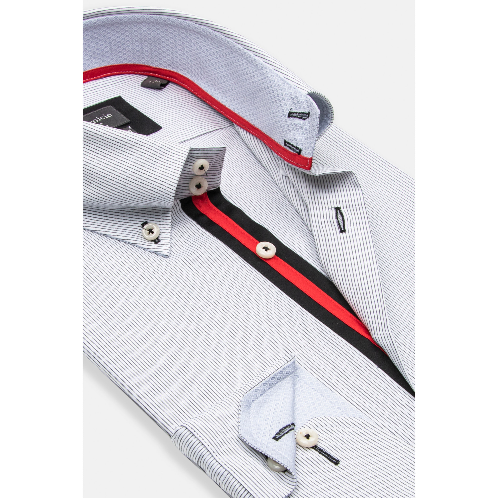 Camicia Uomo 2 Bottoni Button Down Slim Popeline Stretch Riga Media Bianco/Nero