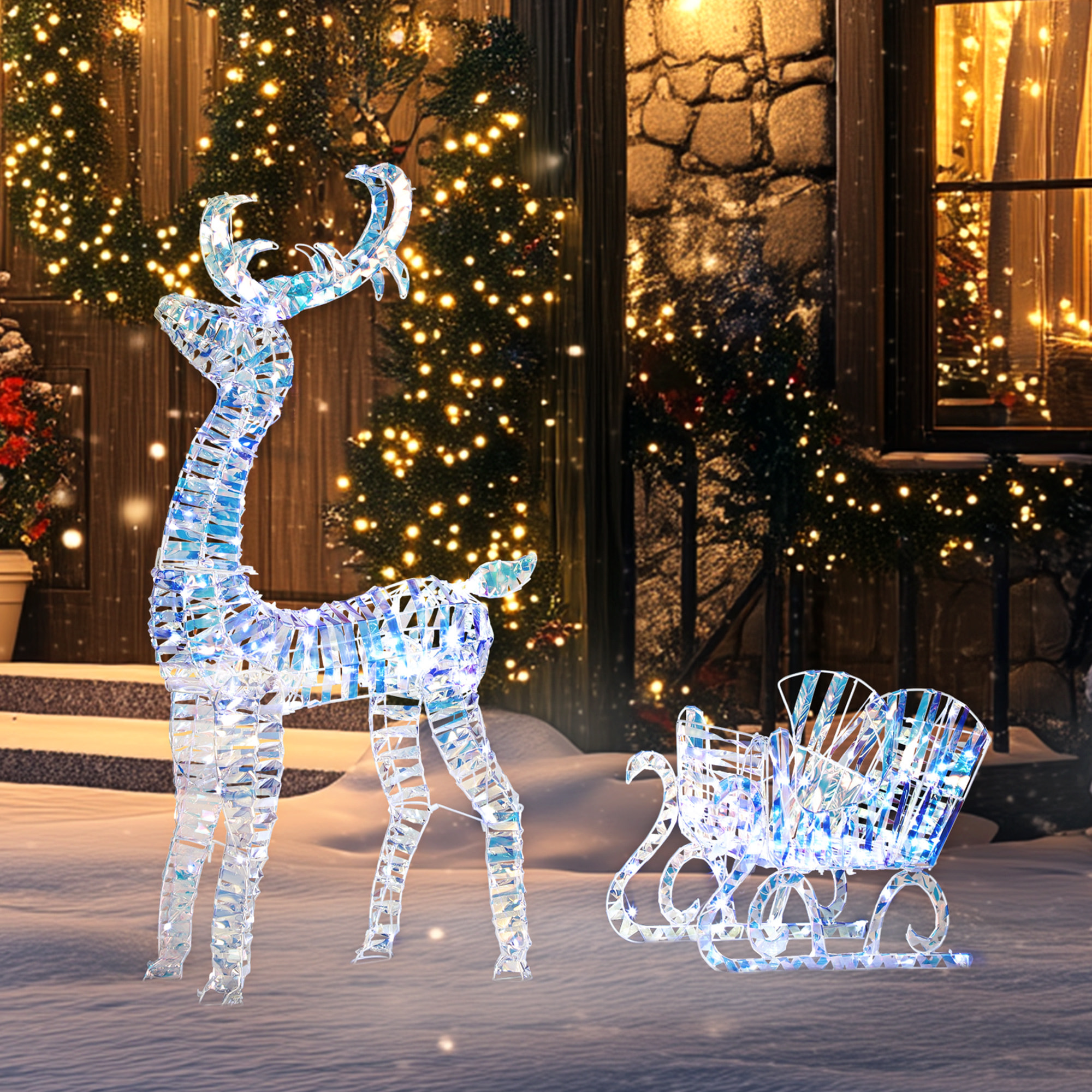 Silhouette renne lumineux avec traîneau - renne et traîneau lumineux de Noël - décoration LED extérieure de Noël - 170 LED blanc froid