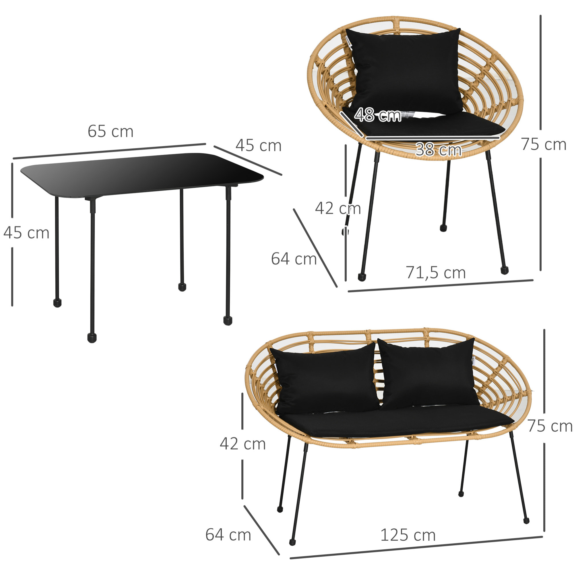 Salon de jardin 4 places 4 pièces style exotique table basse coussins noirs fournis résine tressée aspect rotin