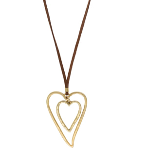 Collar piel marrón doble corazón dorado largo 90cm