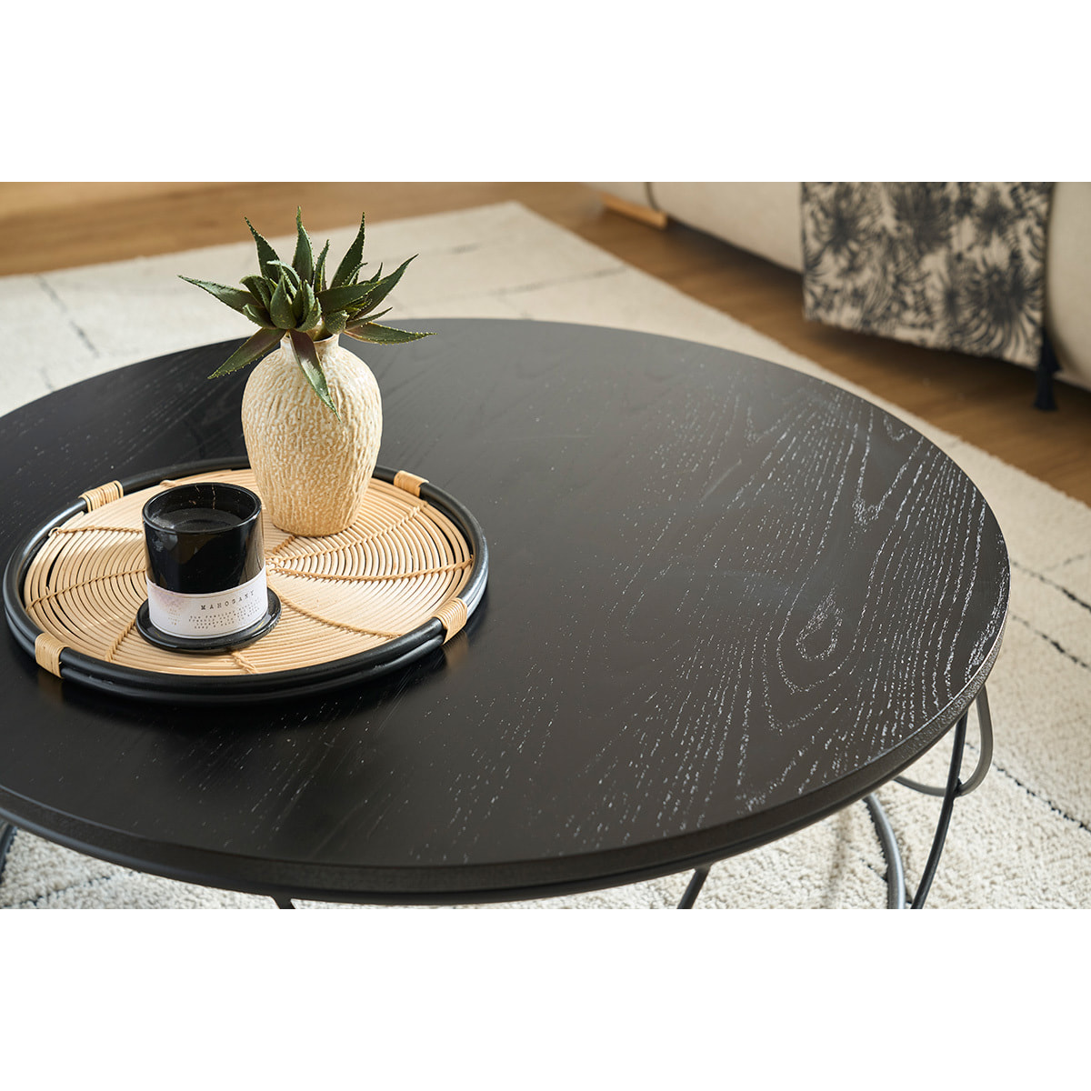 Table basse ronde bois noir et métal noir D80 cm LACE