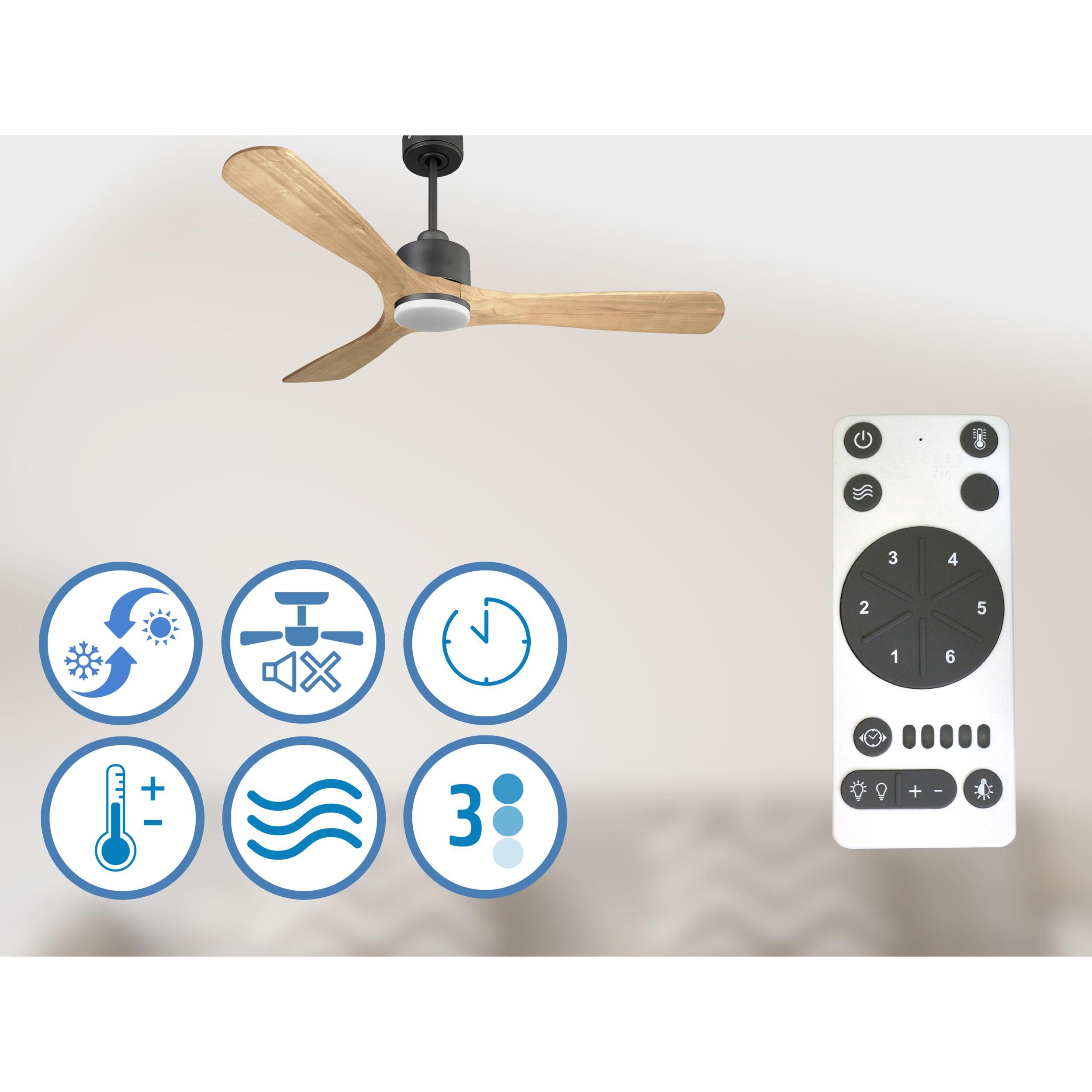 Ventilador de techo Reversible Termostato Dimable Wifi Motor DC Techos Inclinados Mando a Distancia Luz tres tonos Hypersilence Memoria ParosD132C03LED65270 PURLINE