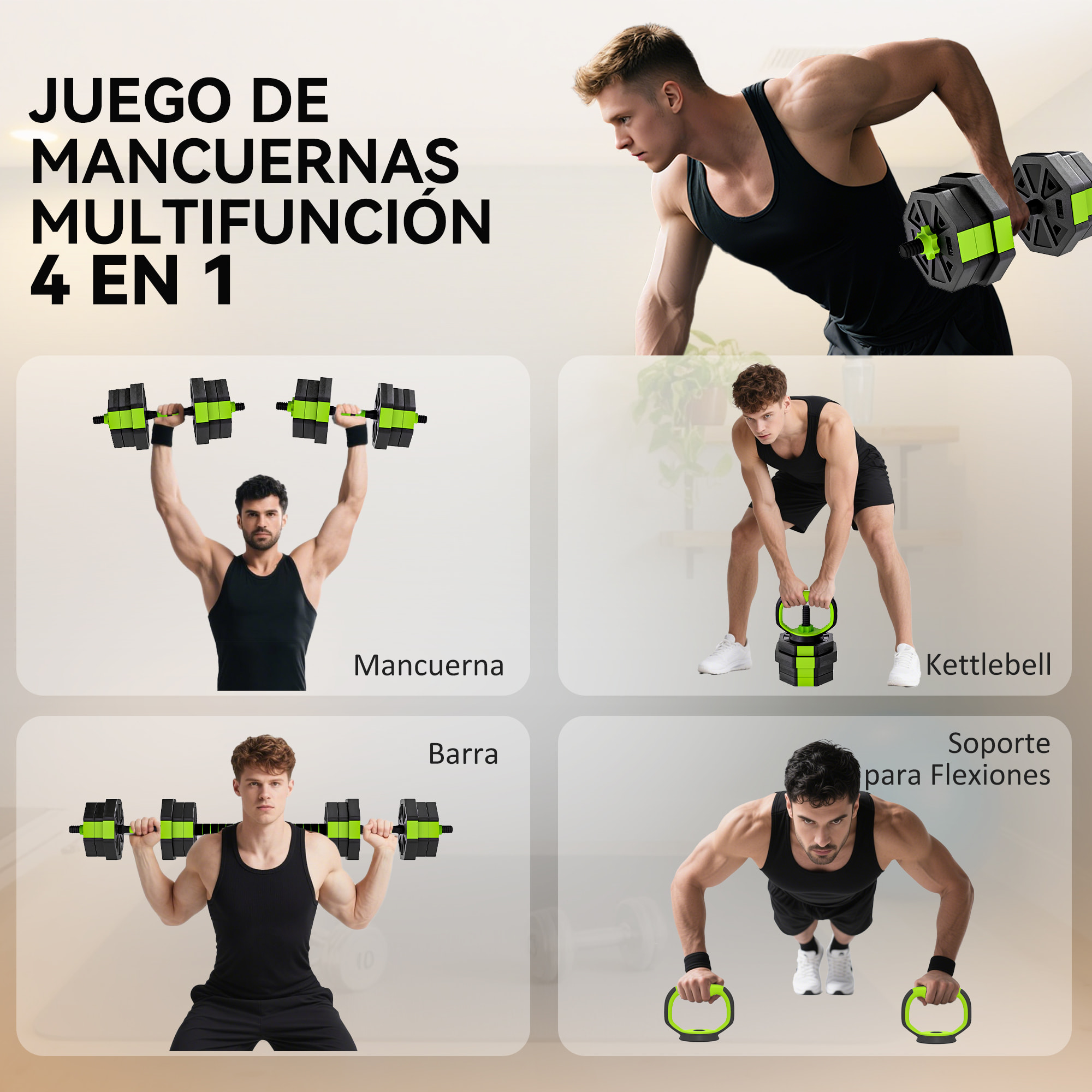 Juego de Mancuernas Ajustables, 4 en 1, 20kg, Juego de Pesas Utilizado como Kettlebell, Barra, Mancuernas o Soporte para Flexiones, Equipo para Hombres y Mujeres, Gimnasio en Casa