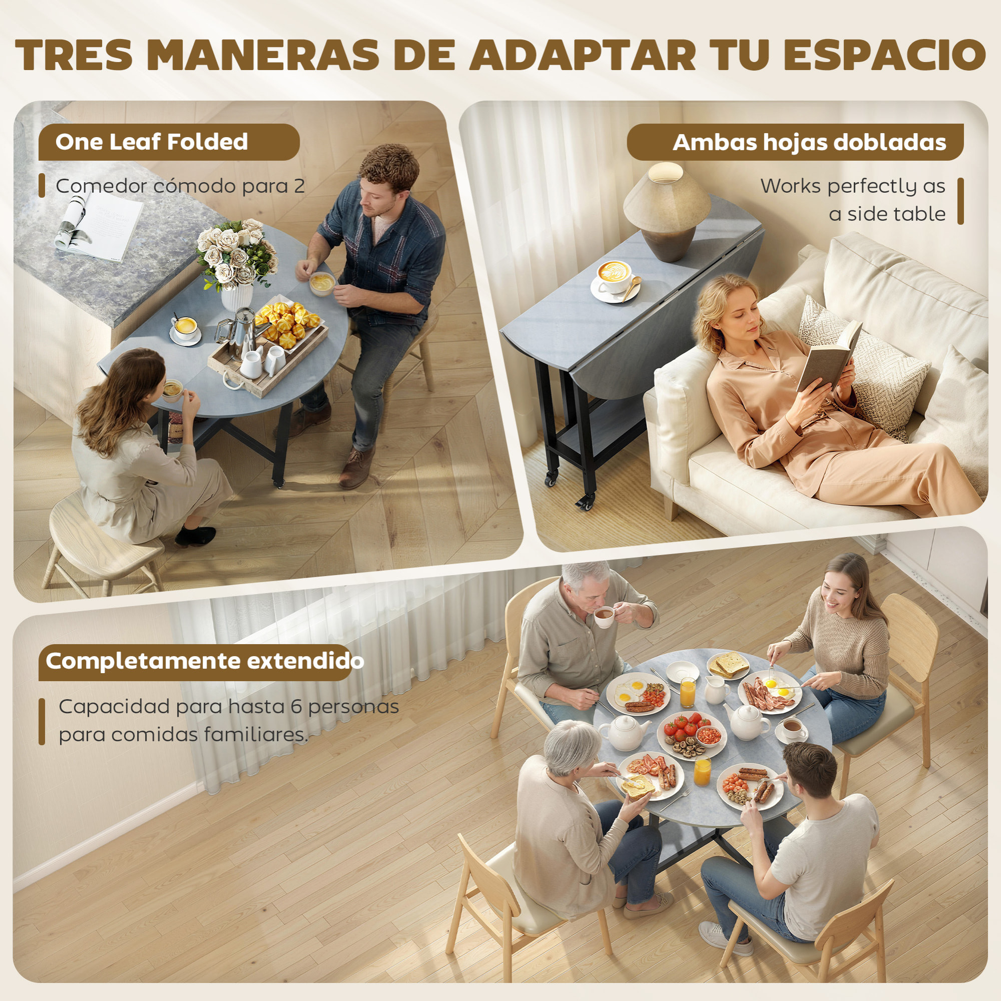 Mesa Plegable de Comedor para 2-4 Personas, Mesa de Cocina Plegable con Ruedas, Alas Abatibles, Estante Abierto, para Salón, 100x100x75 cm, Gris Cemento