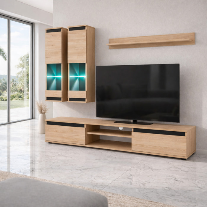 Parete Attrezzata Soggiorno Mobile Tv Vetrine Led Mensola Moderno Living Arredo Contenitore Vani Giorno Resistente 175x150x37 Cm Rovere Chiaro E Nero