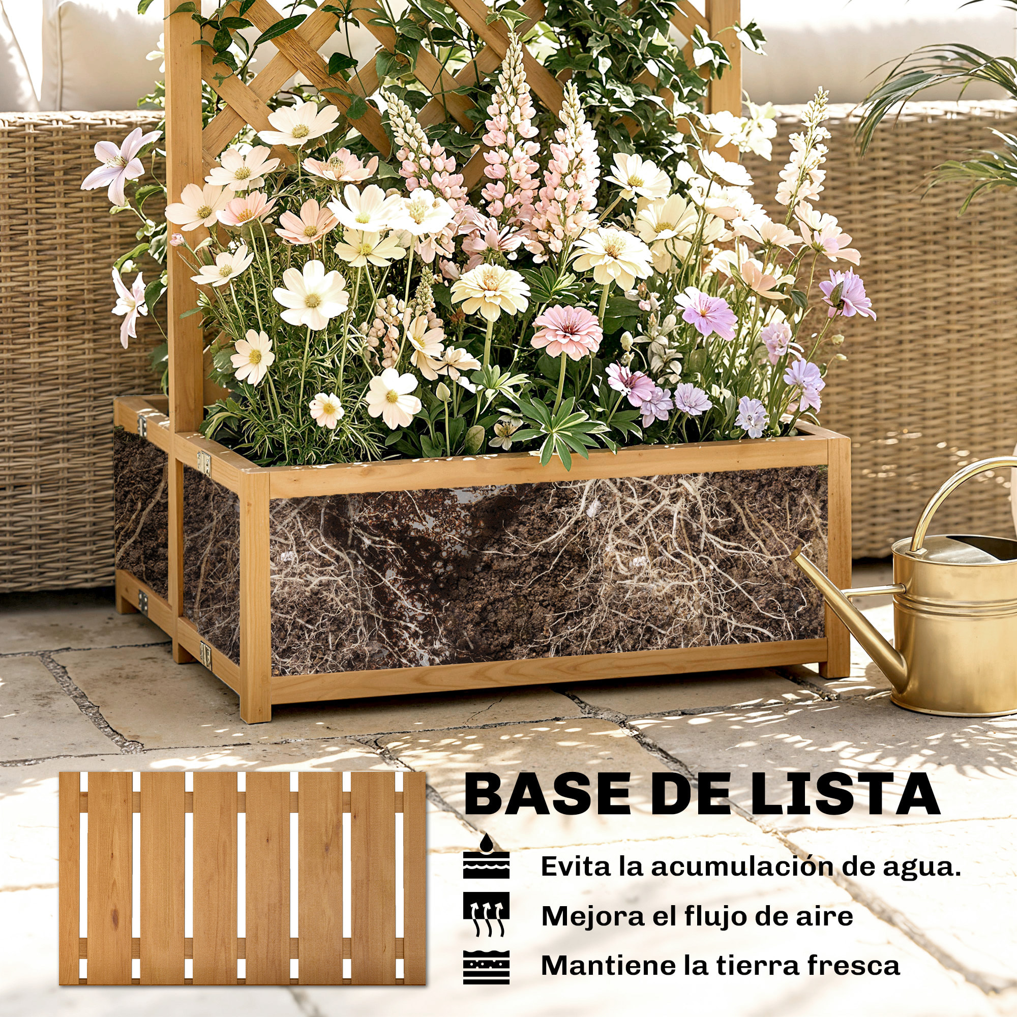 Jardinera con Enrejado de Madera, Jardinera Exterior Grande para Plantas Trepadoras, con 2 Cajas Plegables, Base de Listones, Macetero Elevado para Patio, Terraza, 73x70x170 cm, Natural