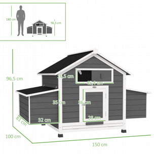 Poulailler cottage sur pied verrouillable toiture intégrale 6 pondoirs 150 x 100 x 96 cm bois gris