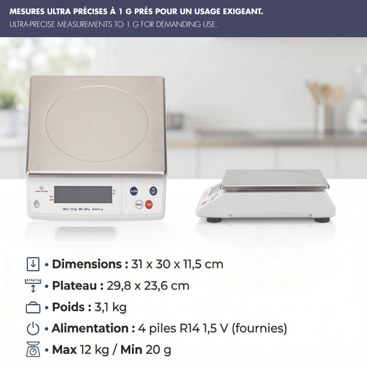 Balance électronique professionnelle - 12kg - IP53 - précison 1g - plateau amovible inox 29,8 x 23,6 cm